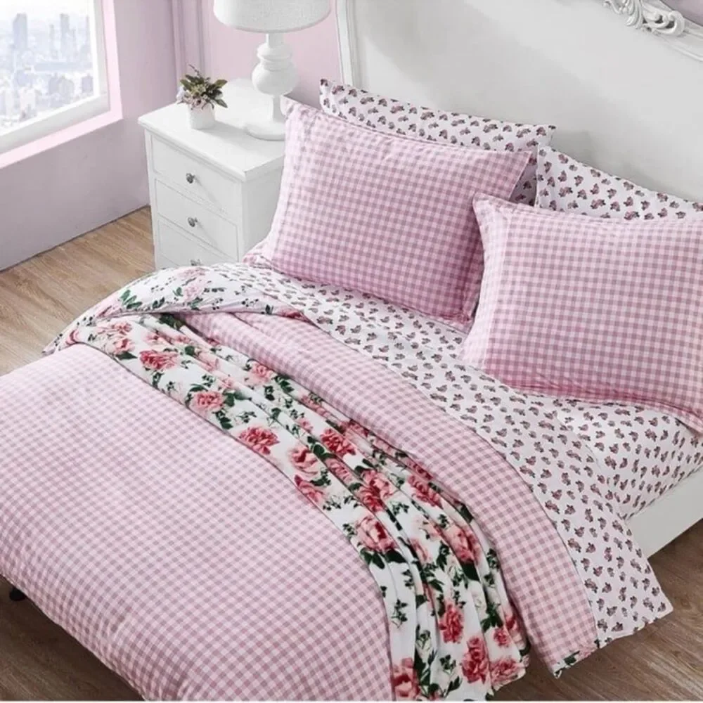 🆕 NWT Queen Duvet Set Reversible Plaid Floral 2 - n - 1 Betsey Johnson PINK NEW